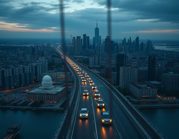 symbolic transition change, introspective expression, crossing a bridge, photorealistic, sprawling city skyline at dusk, highly detailed, cars moving, 4K resolution, muted blues and oranges, golden hour lighting, shot with a telephoto lens.