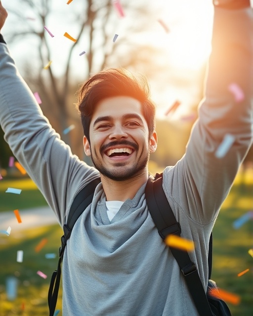 confident goal achievement, smiling expression, celebrating success, photorealistic, outdoors in a park with a clear sky and sunshine, highly detailed, confetti falling around, depth of field, bright colors, soft backlight, shot with a 85mm lens.