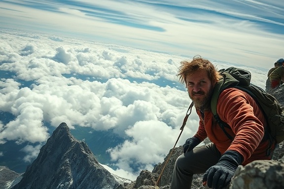enduring climber, gritty expression, scaling a challenging peak, photorealistic, expansive sky with rolling clouds, highly detailed, gusts of wind, tack sharp, cool and muted tones, harsh sunlight, shot with a 16-35mm lens.