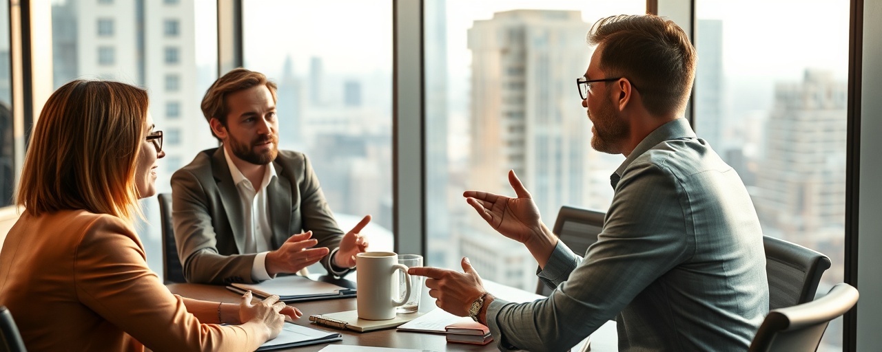 dynamic client meeting, attentive, exchanging ideas, photorealistic, corporate boardroom with glass walls and cityscape view, highly detailed, lively interaction with expressive gestures, hyper-realistic textures, warm color palette, diffused sunlight, wide-angle lens capture.