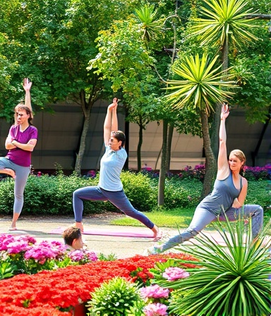 refreshing health wellness, group of people stretching, performing yoga poses, photorealistic, lush garden with blooming flowers, highly detailed, birds chirping and bees buzzing around, 4k resolution, soothing, soft morning light, shot with a 24mm lens.
