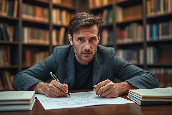 thoughtful goal plan, focused expression, mapping out steps, photorealistic, in a quiet library with books and notes on the table, highly detailed, pen scribbling on paper, fine texture, warm tones, diffused lighting, shot with a 35mm lens.