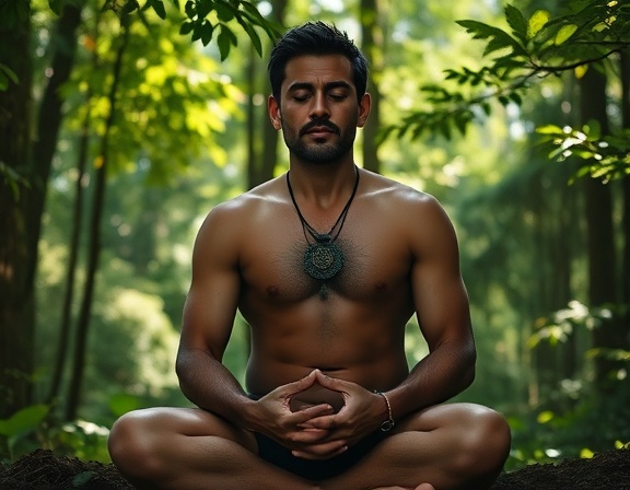 stoic individual, calm expression, sitting in meditative pose, photorealistic, serene forest background with dappled sunlight filtering through leaves, highly detailed, leaves gently rustling, high resolution, green and earthy tones, soft natural light, shot with an 85mm lens.