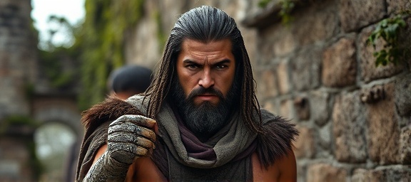 steadfast warrior, resolute expression, facing an internal battle, photorealistic, ancient ruins background with vines and moss covering stones, highly detailed, rustling of leaves, ultra sharp, earthy and muted tones, dramatic side lighting, shot with a 70-200mm lens.