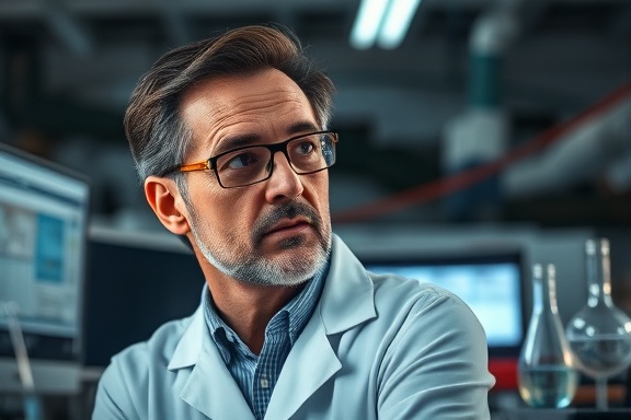 composed scientist, thoughtful expression, delving deep into research, photorealistic, cluttered laboratory with glowing monitors and bubbling beakers, highly detailed, flickering monitor lights, ultra high definition, neutral and cool tones, artificial overhead lighting, shot with a 24-70mm lens.