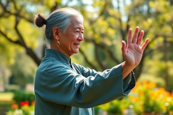 grounded therapy integration, a relaxed expression, practicing tai chi, photorealistic, in a lush park with vibrant flowers and trees, highly detailed, soft breeze moving leaves, high-definition image, vivid greens and floral colors, clear afternoon light, shot with a prime lens.