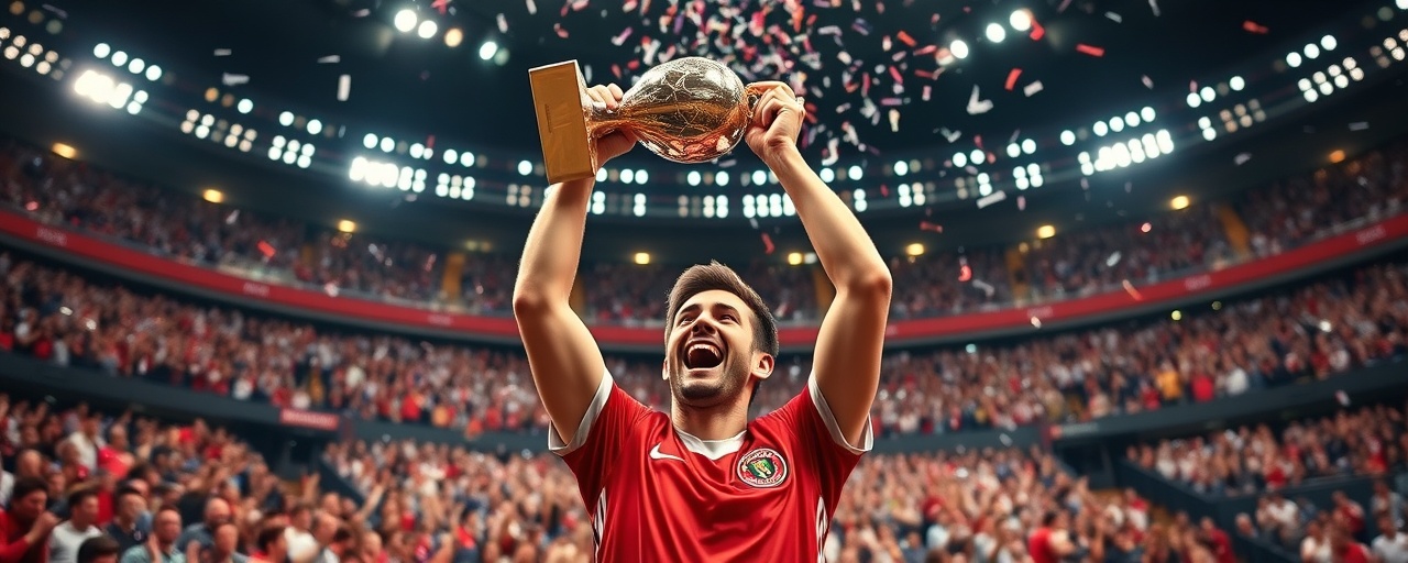 victorious goal success, joyful expression, raising a trophy, photorealistic, in a large auditorium filled with applauding audience, highly detailed, confetti flying through the air, vivid colors, spotlight illumination, shot with a 70-200mm zoom lens.