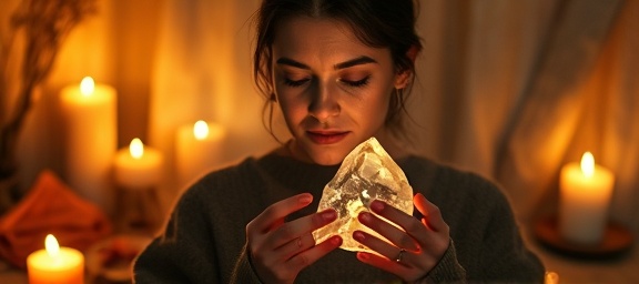 restorative therapy healing, an introspective expression, holding a crystal, photorealistic, in a cozy room filled with warm textiles and candles, highly detailed, flickering candlelight shadows, sharp image quality, warm amber tones, low-key lighting, shot with an 85mm lens.