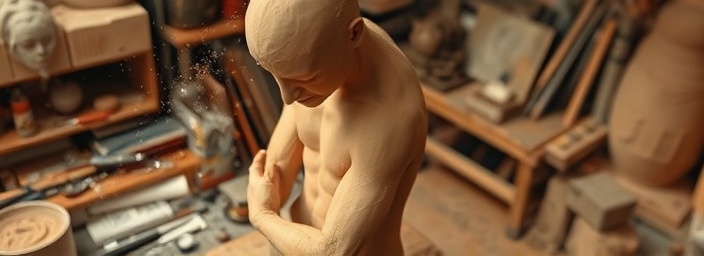 vivid transition transformation, inspired expression, sculpting a form, photorealistic, artist's studio cluttered with tools, highly detailed, clay particles in the air, ultra-sharp, earthy tones, overhead lighting, shot with a 50mm lens.