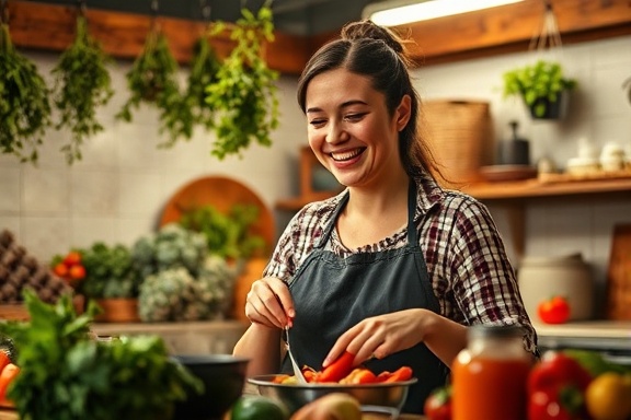 nourishing wellness nutrition, joyful expression, preparing a healthy meal, photorealistic, in a rustic kitchen with herbs hanging from the ceiling, highly detailed, steam rising from freshly cooked food, ultra-HD quality, vibrant colors of fresh vegetables, natural fluorescent lighting, shot with a 70-200mm telephoto lens.