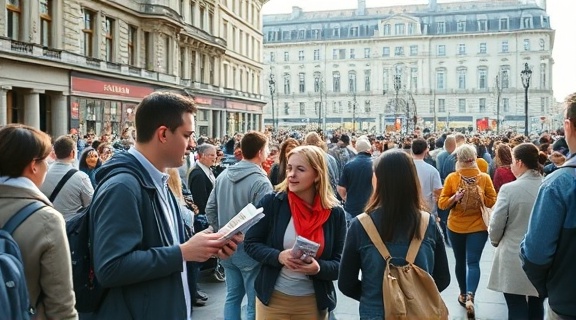 active health participation, volunteers handing out brochures, engaging with public, photorealistic, busy city square full of people, highly detailed, movements of bustling crowd, 4k resolution, dynamic, bright light of early afternoon, shot with a 28mm lens.