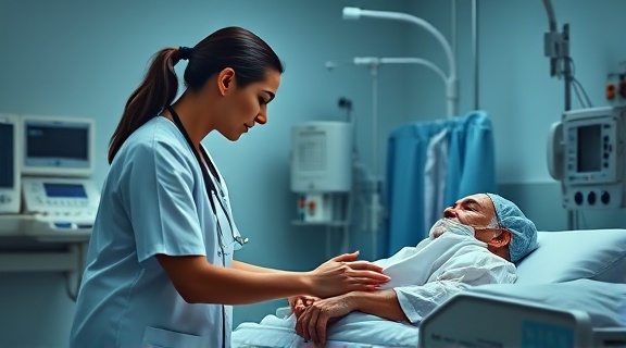 compassionate health support, nurse comforting a patient, talking and holding hands, photorealistic, hospital room with medical equipment, highly detailed, ambient sounds of machines, 4k resolution, empathetic, soft ambient light, shot with an 85mm lens.