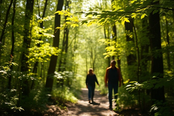 tranquil therapy mindfulness, a serene expression, walking through a forest, photorealistic, in a dense forest with dappled sunlight, highly detailed, leaves rustling softly, high resolution, autumnal hues, soft bokeh, shot with a telephoto lens.