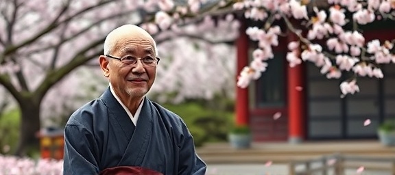 zen monk, peaceful expression, practicing mental clarity, photorealistic, tranquil temple garden with cherry blossoms in bloom, highly detailed, petals gently falling, crisp and clear, soft pastels, morning light, shot with a 60mm lens.