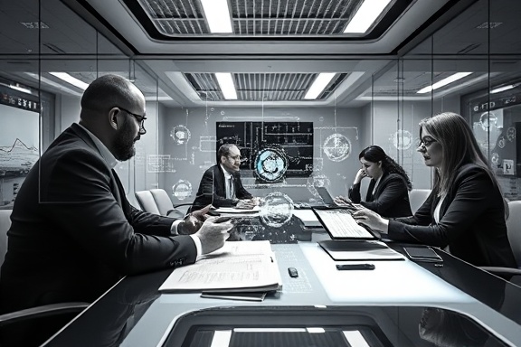 dynamic strategy meeting, innovative expression, drafting plans, photorealistic, spacious conference room with smart glass walls and sleek furniture, highly detailed, holographic interfaces and digital tablets in use, 1/125 sec, monochrome, overhead LED lighting, shot with a 24mm lens.
