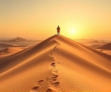 metamorphic transition evolution, enlightened expression, ascending a hill, photorealistic, vast desert landscape with shifting sands, highly detailed, gentle wind forming dunes, high definition, warm earth tones, sunset glow, shot with a panoramic lens.