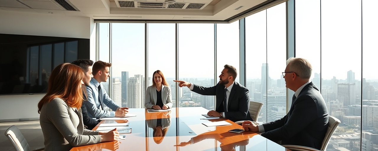 visionary leadership team, collaborative expression, strategizing, photorealistic, modern boardroom with expansive windows overlooking a cityscape, highly detailed, team members engaged and pointing at a digital display, ISO 100, vibrant, natural daylight, shot with a 35mm lens.
