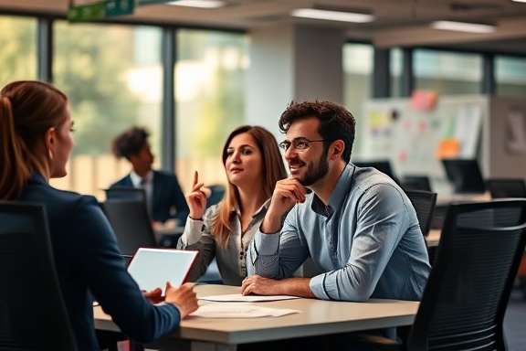 engaged change management professionals, thoughtful expression, coordinating actions, photorealistic, contemporary workspace with ergonomic chairs and a vibrant atmosphere, highly detailed, sticky notes and diagrams scattered around, f/5.6, pastel, evening side lighting, shot with an 85mm lens.
