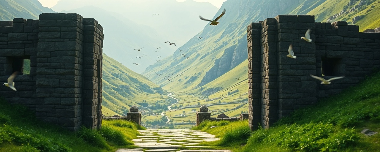 profound transition change, focused expression, opening a gate, photorealistic, ancient stone path leading to lush valley, highly detailed, birds taking flight, vivid realism, natural stone and green hues, diffused sunlight, shot with a tilt-shift lens.