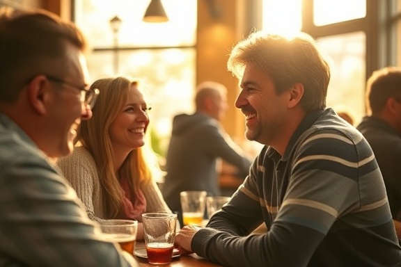 harmonious therapy connection, a joyful expression, sharing a smile with another, photorealistic, at a bustling café with sunlight streaming in, highly detailed, subtle movements of people, vivid clarity, rich warm colors, radiant window light, shot with a 28mm lens.